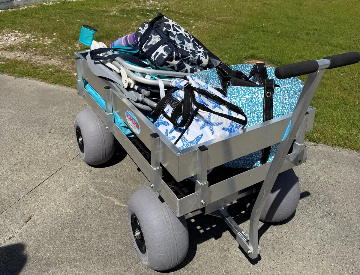 A lively exterior scene featuring a cart loaded with colorful beach gear, including bags and chairs, ready for a day’s adventure. The mood is joyful and energetic, suggesting preparation for outdoor activities.